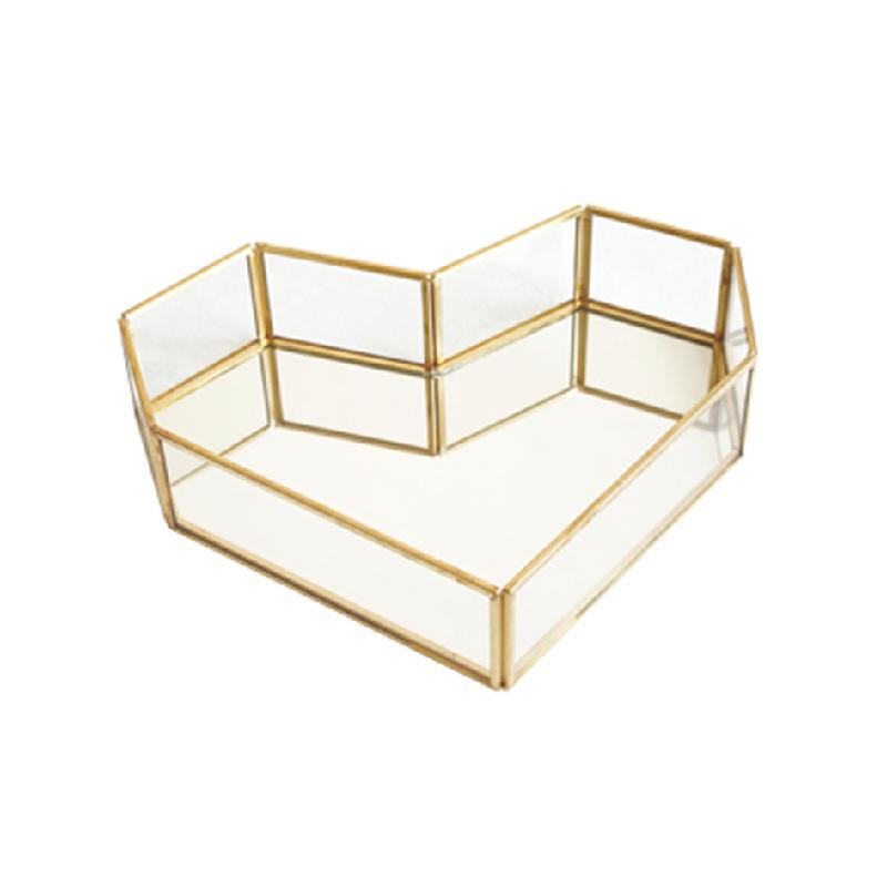 DG-117 Bảng đựng tráng miệng phong cách Bắc Âu có hình tim yêu, đồng màu vàng và thủy tinh trong suốt