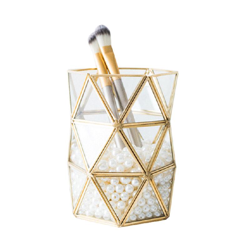 DG-123 Bình chứa bút trang trí bàn mặt lục giác, kính trong suốt, ngăn lọc bụi, kiểu đồng phục Âu