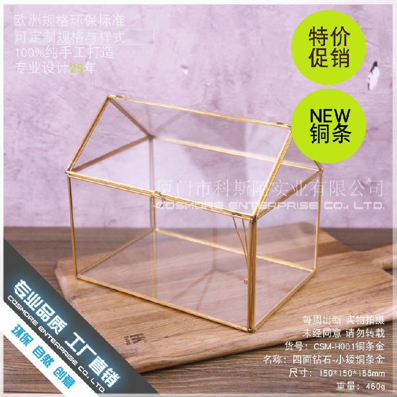 DG-28 Hộp quà hoa bền đời với khung đồng Bắc Âu, kính hình học và cảnh quan nhỏ trong thủy tinh