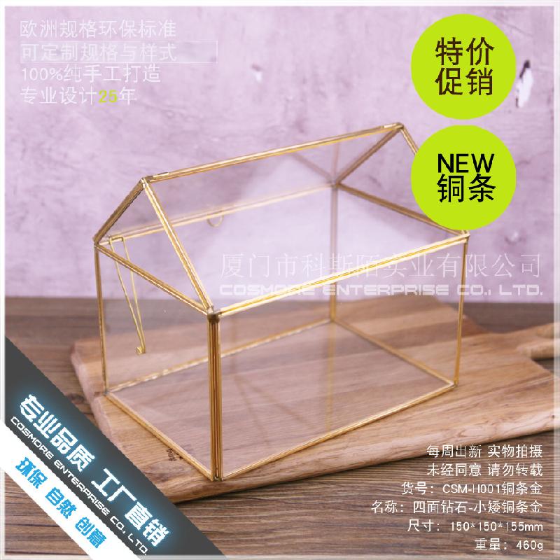 DG-28 Hộp quà hoa bền đời với khung đồng Bắc Âu, kính hình học và cảnh quan nhỏ trong thủy tinh