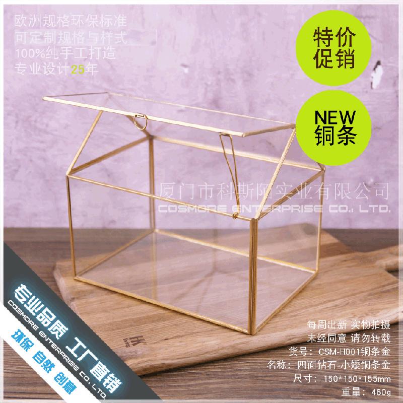 DG-28 Hộp quà hoa bền đời với khung đồng Bắc Âu, kính hình học và cảnh quan nhỏ trong thủy tinh