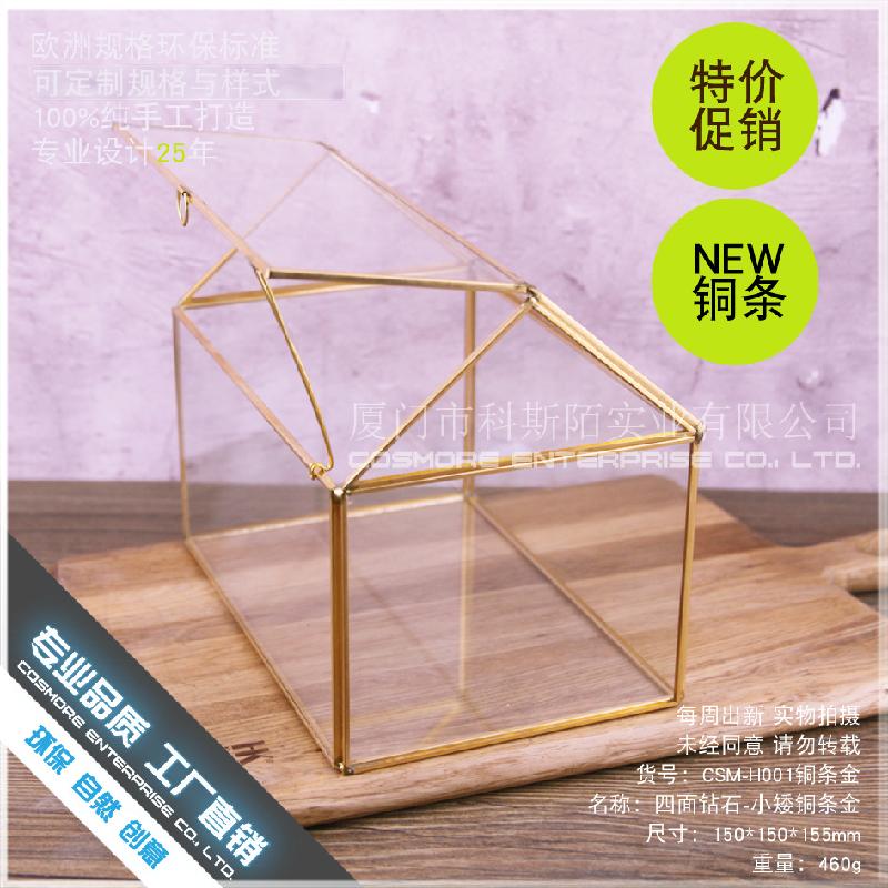 DG-28 Hộp quà hoa bền đời với khung đồng Bắc Âu, kính hình học và cảnh quan nhỏ trong thủy tinh