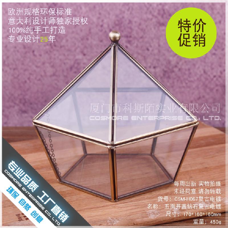 Chậu Đa Giác DG-225 Hộp đồ trang sức kính chứa, hộp nhẫn cưới, phòng hoa cổ điển mở năm mặt kính