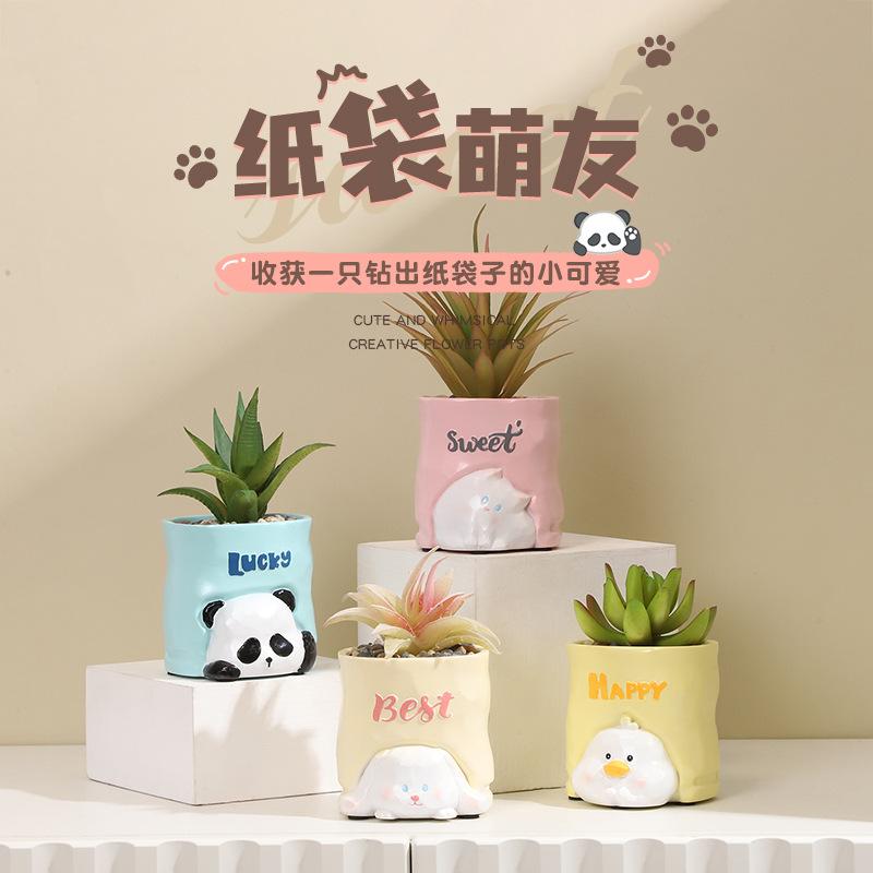 Chậu Cây Resin Chậu cây hình túi giấy hoạt hình resin, chậu mọng nước mini, trang trí ban công và bàn làm việc (RG-93)