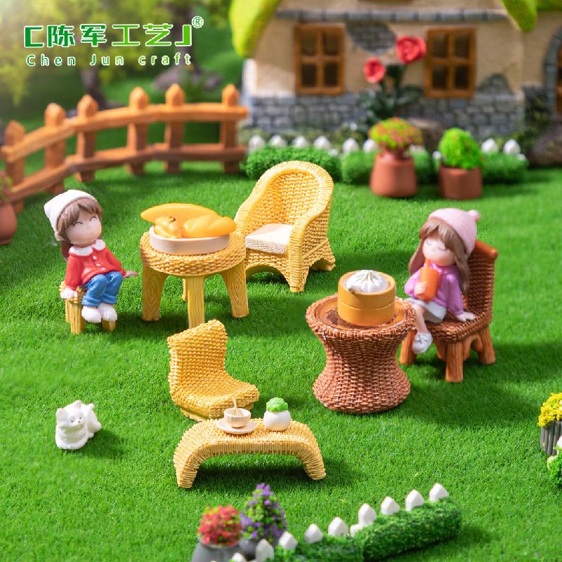 微景观创意仿真竹编椅子桌子家具娃屋 DIY装饰配件迷你树脂小摆件