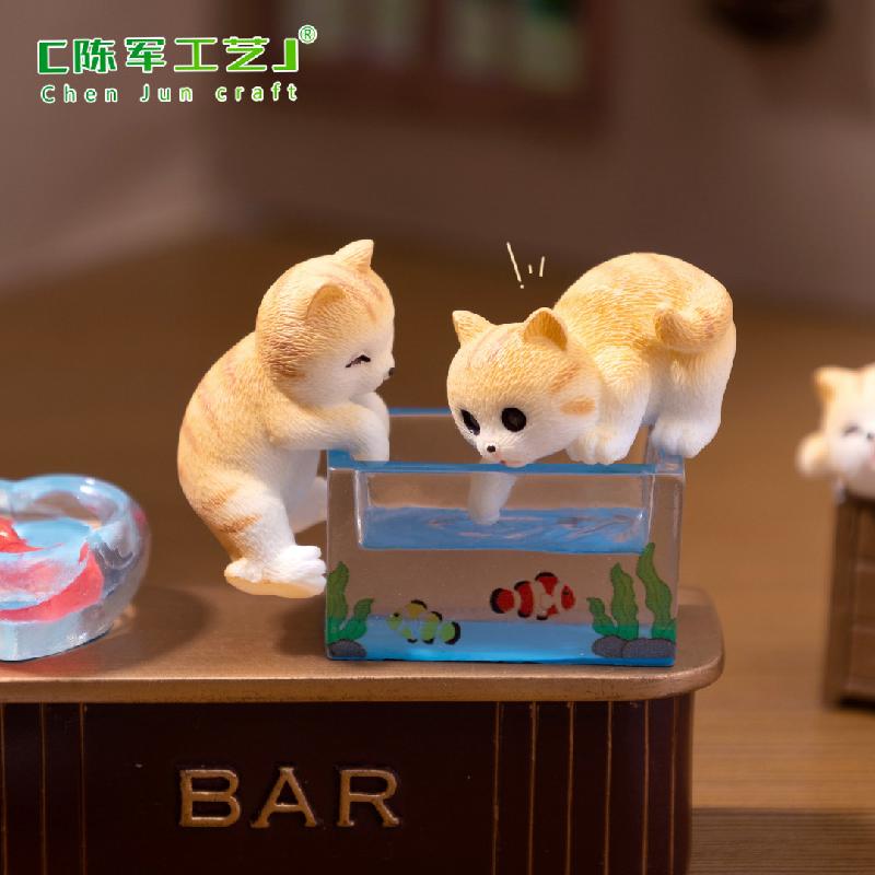 微景观创意可爱调皮捞鱼小花猫娃娃屋 DIY装饰配件迷你微缩小摆件