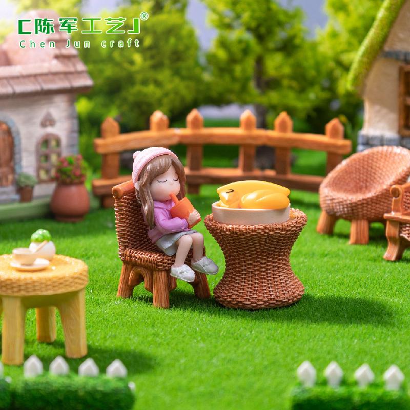 微景观创意仿真竹编椅子桌子家具娃屋 DIY装饰配件迷你树脂小摆件