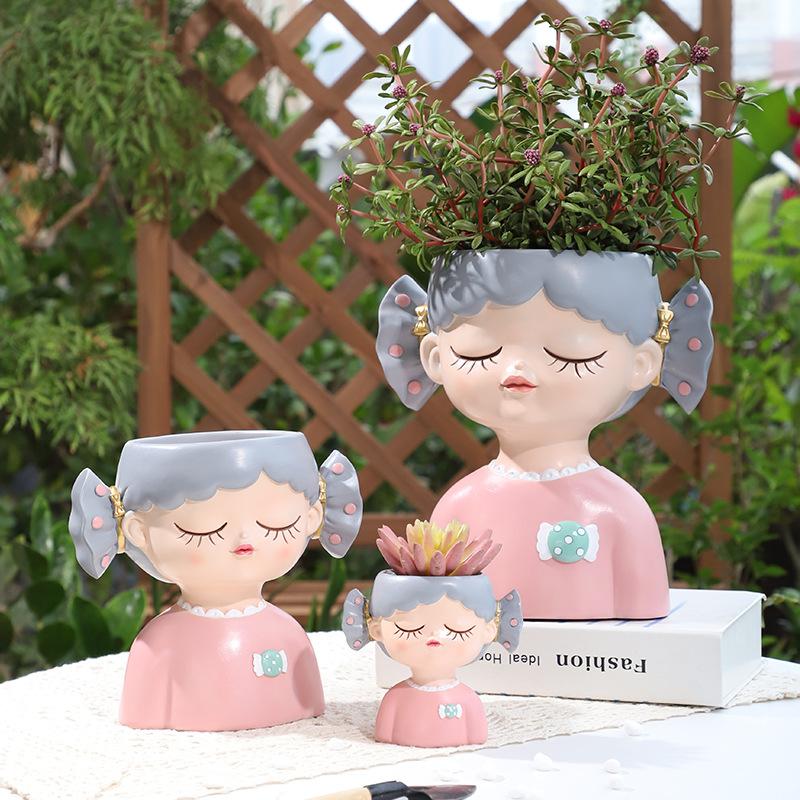 Chậu cây mọng nước hình cô gái kẹo ngọt resin, chậu mini trang trí nhà, cửa hàng và sân vườn (RG-224)
