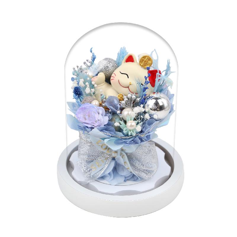 Hoa hồng vĩnh cửu mèo thần tài lồng kính quà khai trương (HK-77)