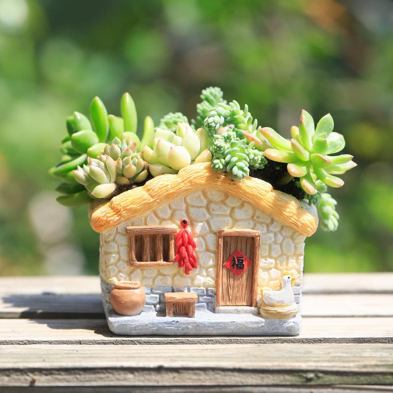 Chậu cây mọng nước hình nhà đồng quê mini resin, chậu tiểu cảnh để bàn, trang trí nhà và văn phòng (RG-101)