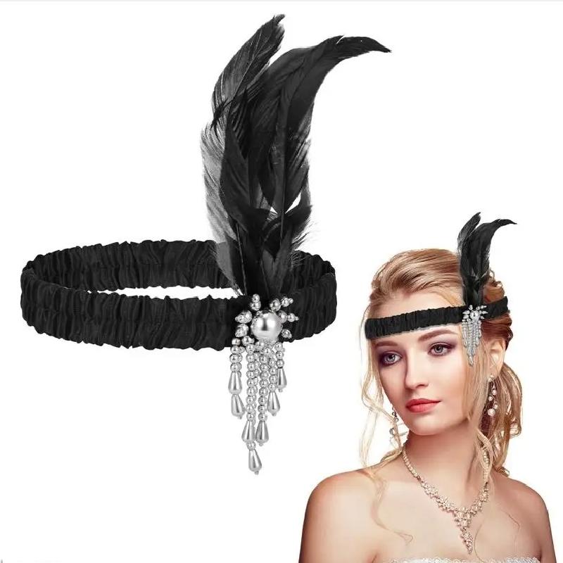 Mũ đầu đen với lông vũ kiểu Gatsby 1920s, lý tưởng cho hóa trang Halloween và bữa tiệc độc thân. Sẵn có hàng, trang trí phong cách và quyến rũ.