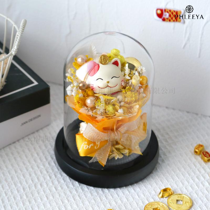 Hoa hồng vĩnh cửu mèo thần tài lồng kính quà khai trương (HK-77)