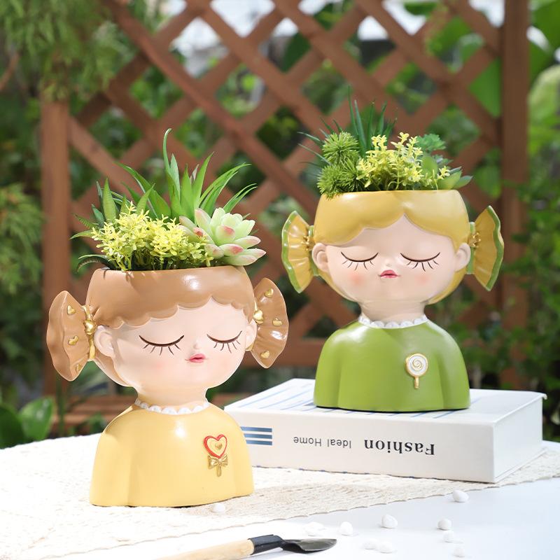 Chậu cây mọng nước hình cô gái kẹo ngọt resin, chậu mini trang trí nhà, cửa hàng và sân vườn (RG-224)