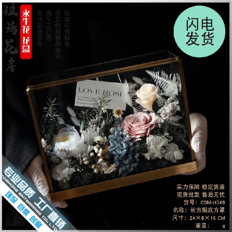 Chậu Đa Giác 永生花花盒金属铜条玻璃花房罩子收纳生日礼物情人节母亲节礼物