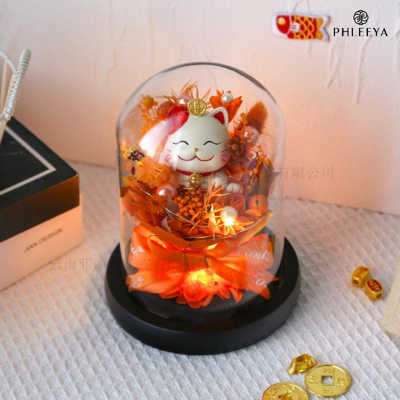 Hoa hồng vĩnh cửu mèo thần tài lồng kính quà khai trương (HK-77)