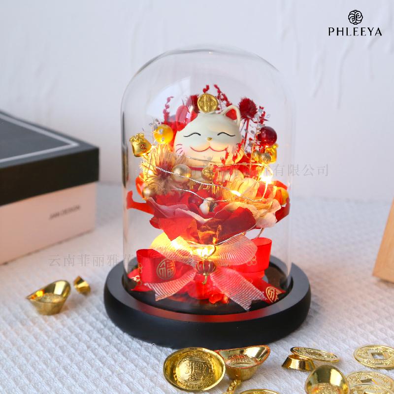 Hoa hồng vĩnh cửu mèo thần tài lồng kính quà khai trương (HK-77)