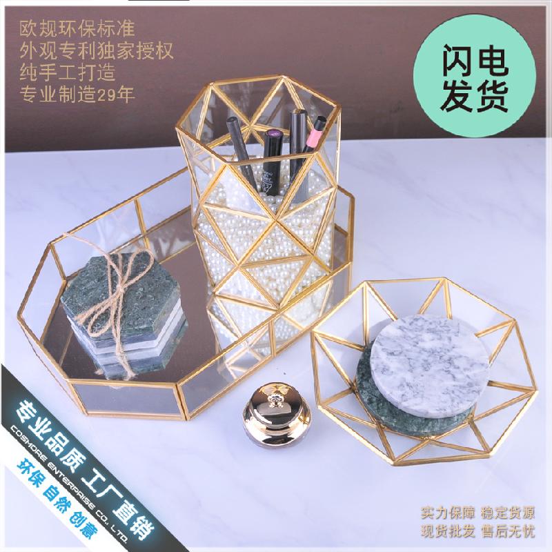 Khay kính lục giác lớn viền đồng Bắc Âu, khay trang sức bánh ngọt (DG-100)