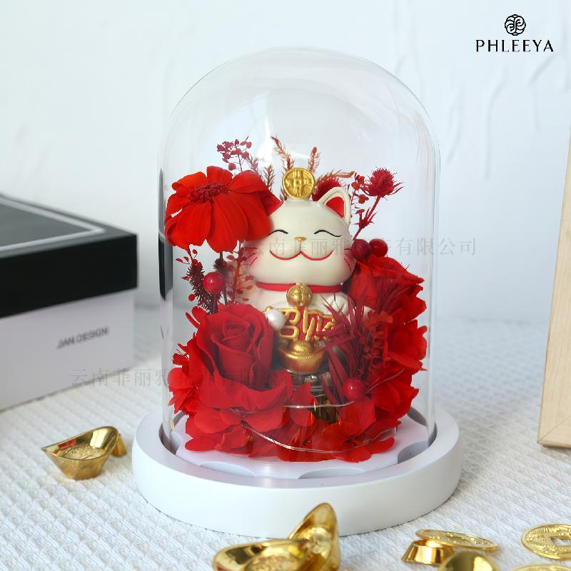 Hoa hồng vĩnh cửu mèo thần tài lồng kính quà khai trương (HK-77)