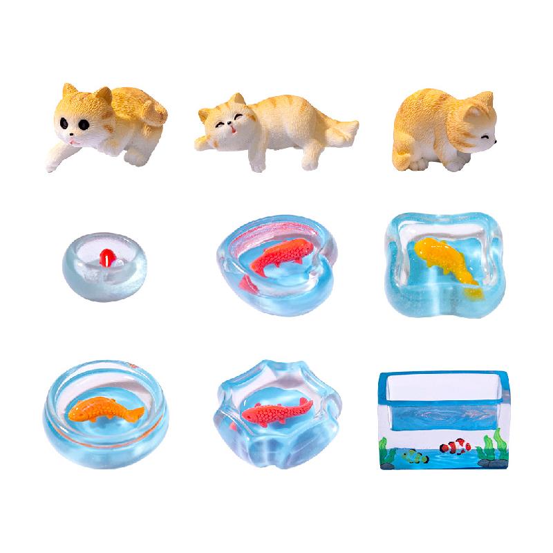 微景观创意可爱调皮捞鱼小花猫娃娃屋 DIY装饰配件迷你微缩小摆件