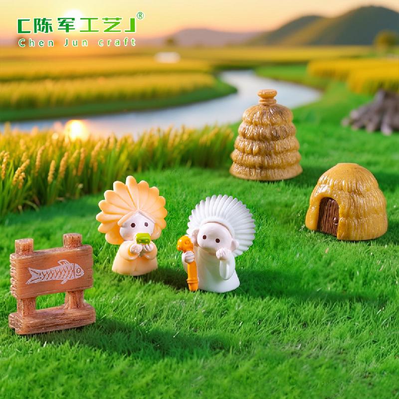 微景观创意良渚文化堆小人稻草茅草屋 DIY装饰配件迷你树脂小摆件