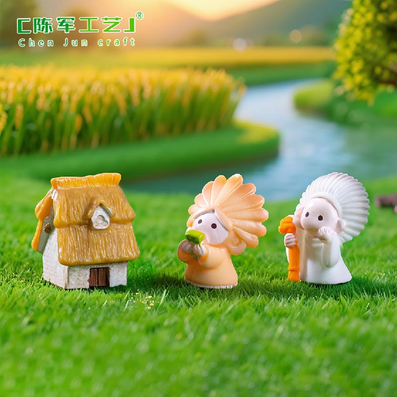 微景观创意良渚文化堆小人稻草茅草屋 DIY装饰配件迷你树脂小摆件