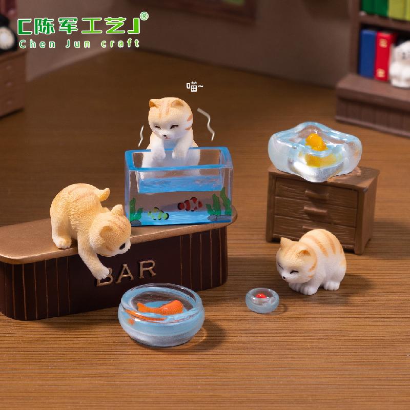 微景观创意可爱调皮捞鱼小花猫娃娃屋 DIY装饰配件迷你微缩小摆件