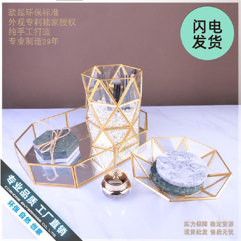 Khay kính lục giác lớn viền đồng Bắc Âu, khay trang sức bánh ngọt (DG-100)