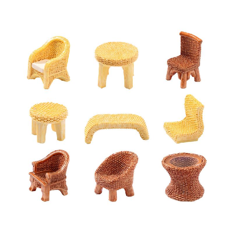 微景观创意仿真竹编椅子桌子家具娃屋 DIY装饰配件迷你树脂小摆件