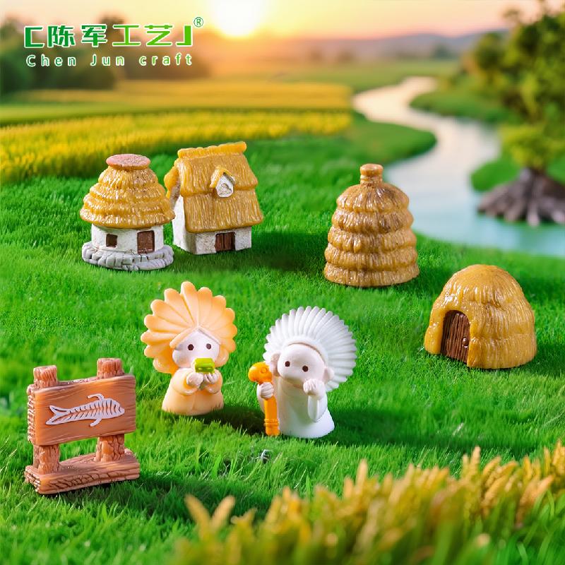 微景观创意良渚文化堆小人稻草茅草屋 DIY装饰配件迷你树脂小摆件