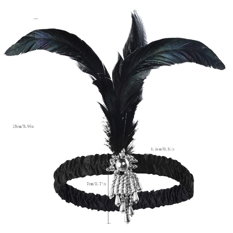 Mũ đầu đen với lông vũ kiểu Gatsby 1920s, lý tưởng cho hóa trang Halloween và bữa tiệc độc thân. Sẵn có hàng, trang trí phong cách và quyến rũ.
