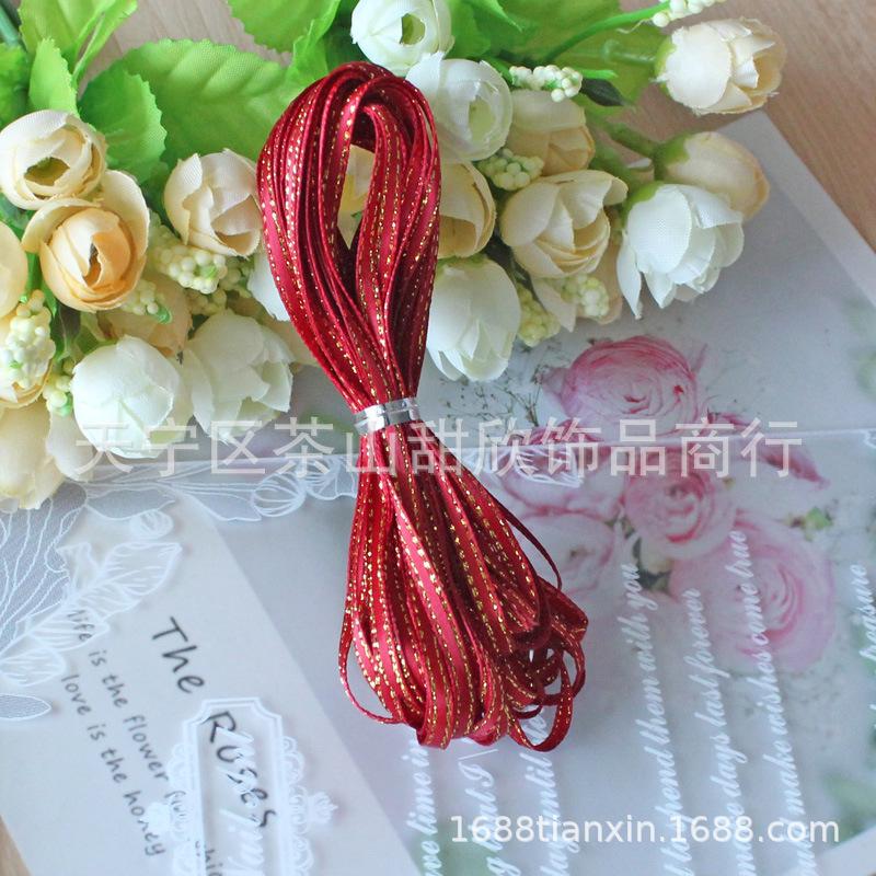 Ruy băng satin viền vàng 3mm - dây ruy băng mảnh cho DIY, làm phụ kiện tóc, bánh ngọt, hoa và gói quà. Lý tưởng cho các dự án thủ công và trang trí.