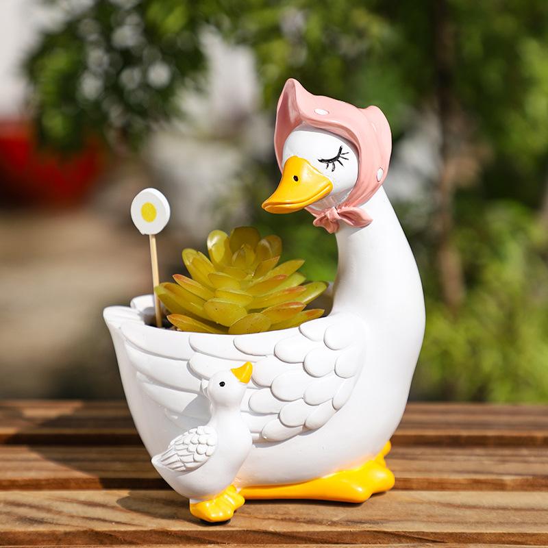 Chậu Cây Resin Chậu cây resin hình ngỗng trắng hoạt hình, chậu mini trang trí bàn, sân vườn (RG-19)