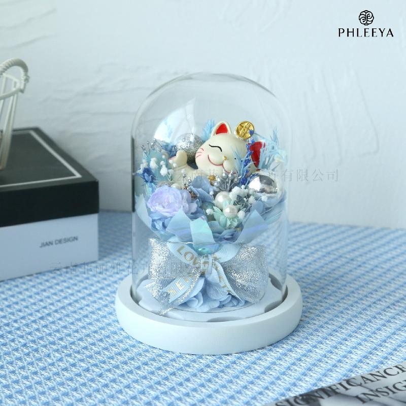 Hoa hồng vĩnh cửu mèo thần tài lồng kính quà khai trương (HK-77)