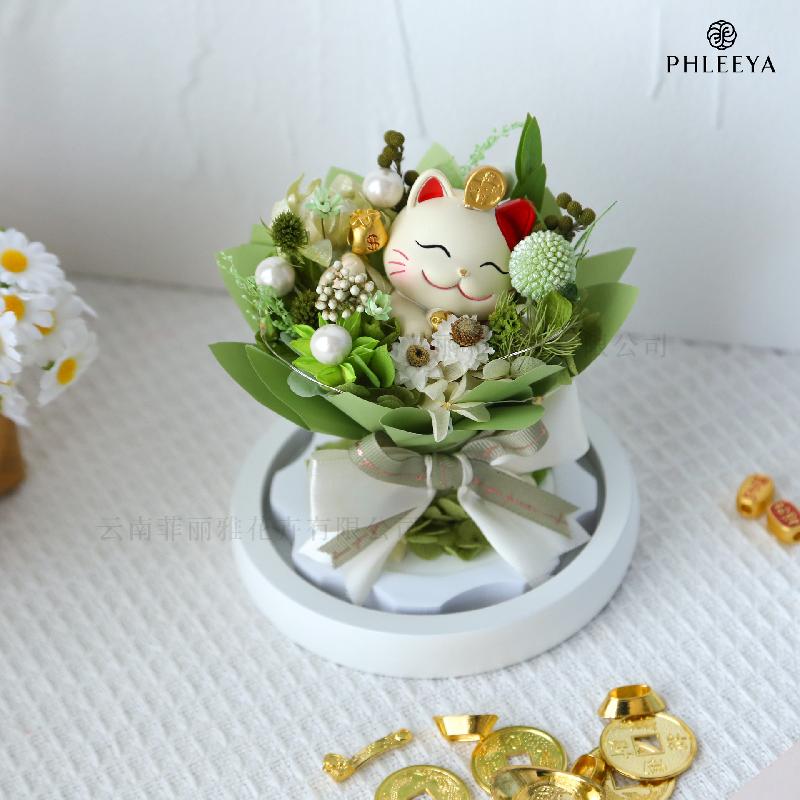 Hoa hồng vĩnh cửu mèo thần tài lồng kính quà khai trương (HK-77)