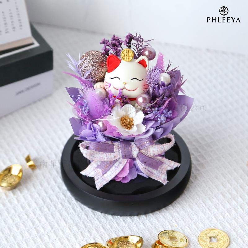 Hoa hồng vĩnh cửu mèo thần tài lồng kính quà khai trương (HK-77)