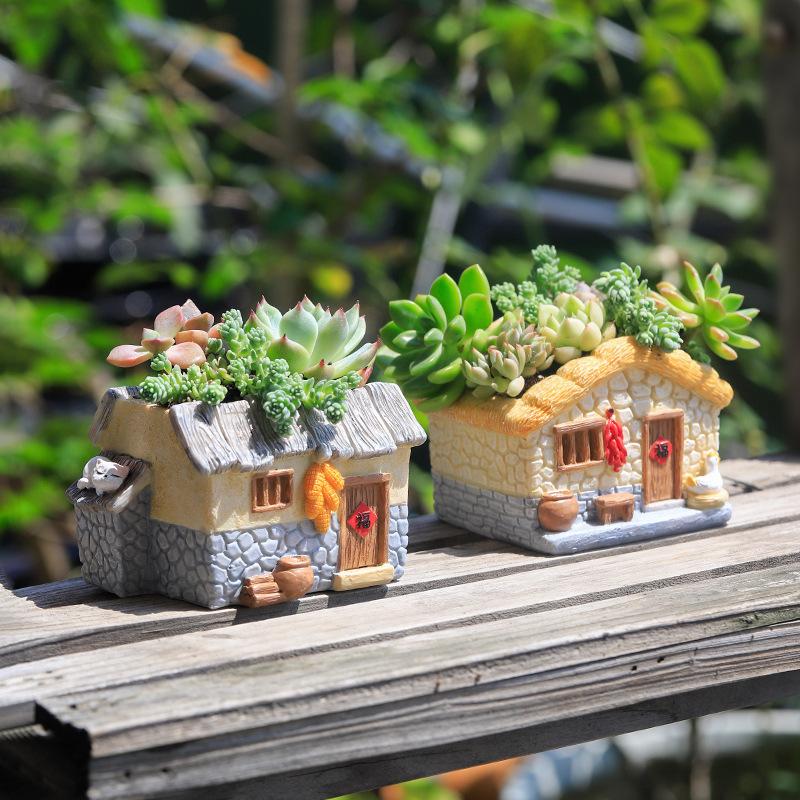 Chậu cây mọng nước hình nhà đồng quê mini resin, chậu tiểu cảnh để bàn, trang trí nhà và văn phòng (RG-101)