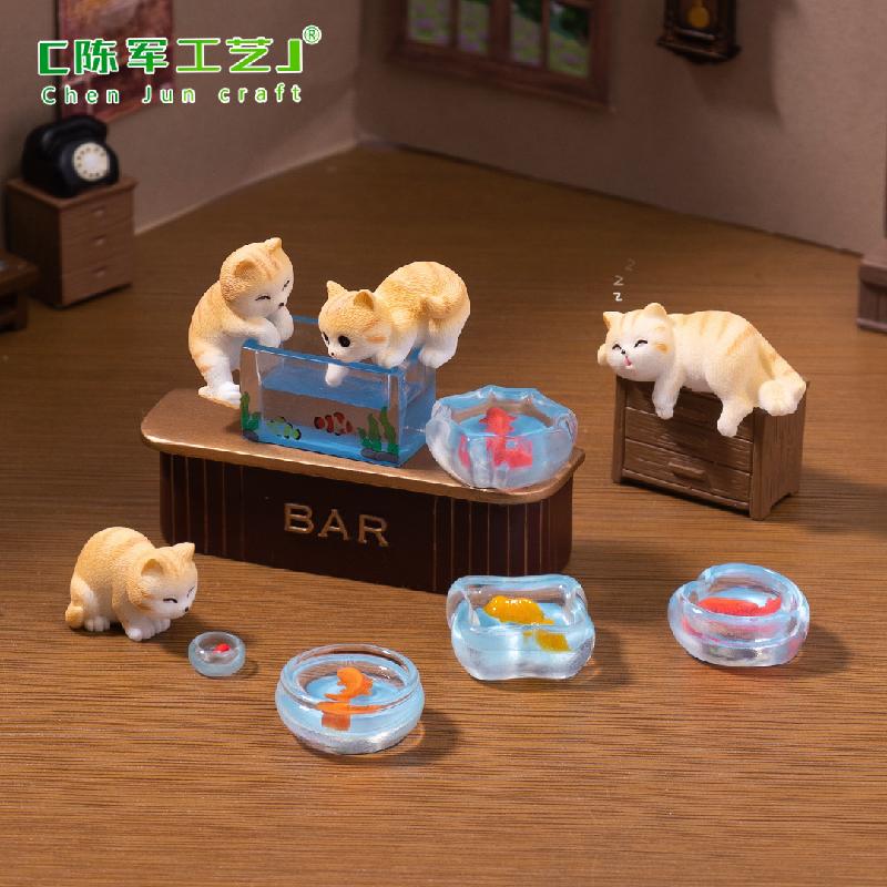 微景观创意可爱调皮捞鱼小花猫娃娃屋 DIY装饰配件迷你微缩小摆件